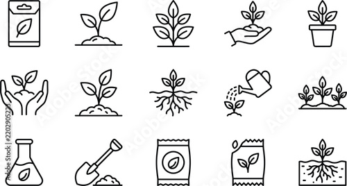 Gardening and plant growth line icon set featuring seeds sprouts roots watering can shovel and agriculture elements