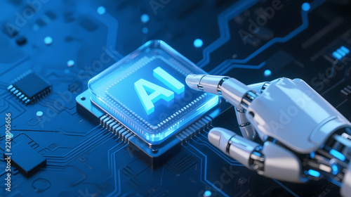 Glowing blue ai chip touched by robotic finger