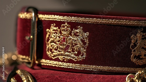 Deep red caparison with gold heraldry, soft light, neutral blurred background for design