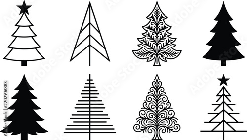 Christmas tree silhouette and line icon collection featuring abstract geometric ornamental festive evergreen and holiday pine symbols