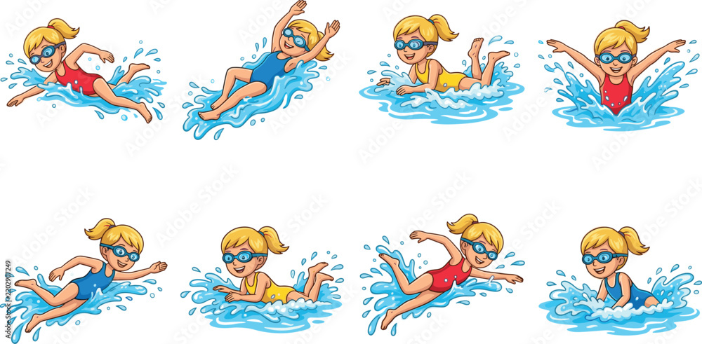 Fototapeta premium Cute Cartoon Girl Swimmer Character Pose Set Featuring Different Swimming Strokes and Water Splashes Vector Illustration for Kids Sports Club Logos