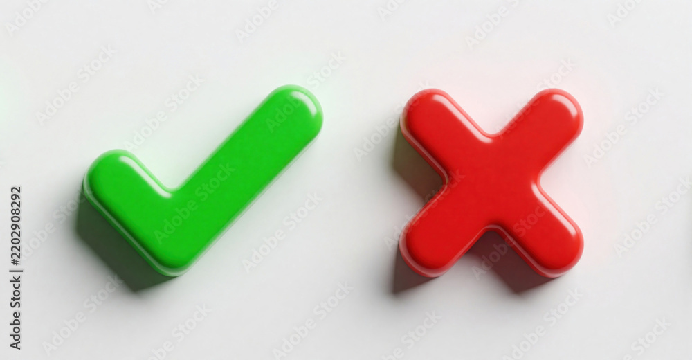 Obraz premium Bright glossy green check mark and red X symbol rest on smooth white surface. Icons represent choice selection approval rejection validation or failure status.