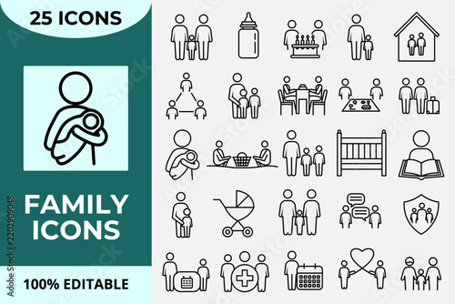Family and Parenting Outline Icon Set with Parents Children Baby Care Home and Household Symbols Collection.