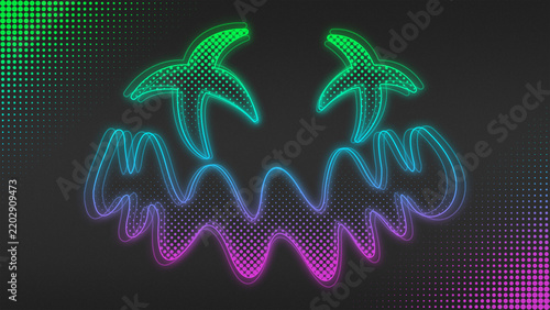 Neon Green-Blue-Purple Ombre Spooky Halloween Smile Outline Futuristic Digital Glow Halftone Illustration
