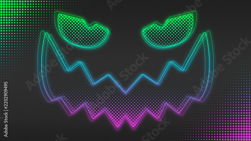 Neon Green-Blue-Purple Ombre Spooky Halloween Smile Outline Futuristic Digital Glow Halftone Illustration