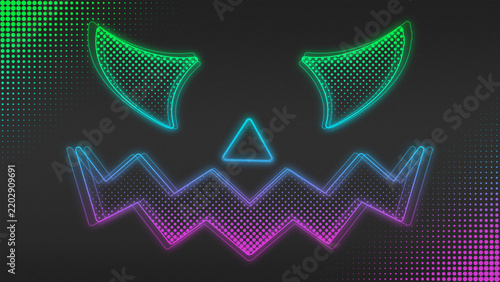 Neon Green-Blue-Purple Ombre Spooky Halloween Smile Outline Futuristic Digital Glow Halftone Illustration