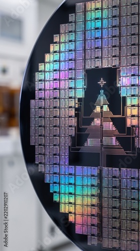 Silicon wafer with Christmas tree chip design. Tech holiday concept.