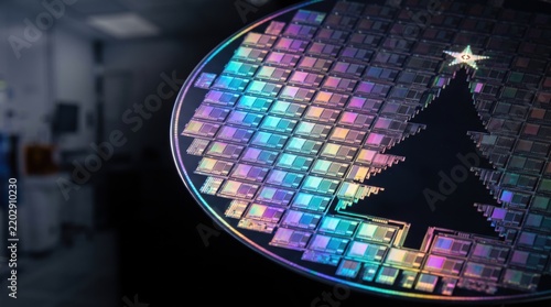 Silicon wafer with a Christmas tree shape. Tech holiday season concept.
