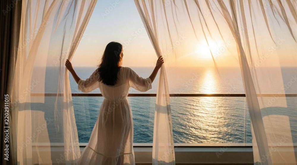 Fototapeta premium Back view of young woman opening white sheer curtains on hotel balcony. Looks at sunrise over calm ocean. Peaceful morning seascape view with golden sunlight. Relaxing summer vacation at luxury