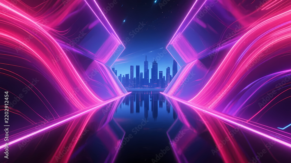 Obraz premium Vibrant neon light strips on cyberpunk city skyline