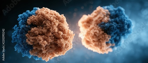Complex Molecular Structures & Cellular Interaction. Microscopic View of Blue and Orange Forms. Science, Biology, and Biotechnology Abstract.