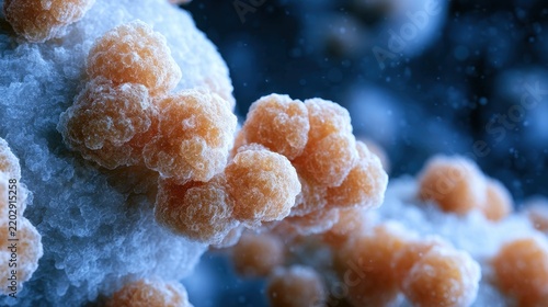 Microscopic Organic Cells: Orange Cellular Clusters on Blue Textured Surface, Representing Biology, Bacteria, Virus, Disease, Growth, Medical Concepts, and Scientific Research.
