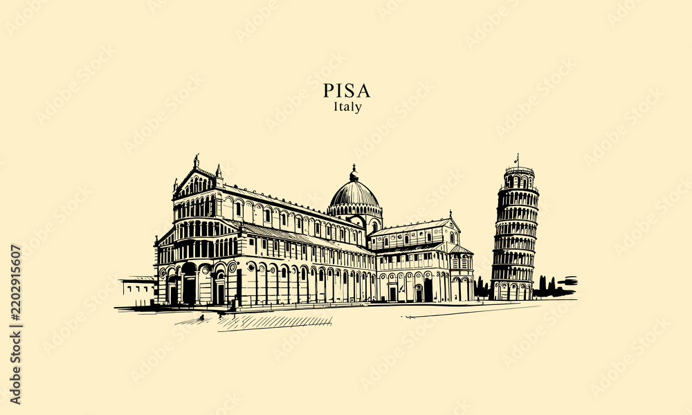 Obraz premium Hand-drawn of the leaning tower and cathedral in pisa, italy on cream background