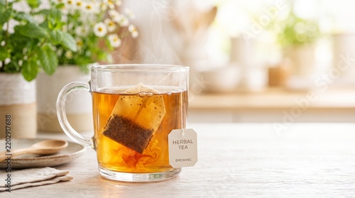 Tea bag steeping in hot water in a glass mug on a wooden table  