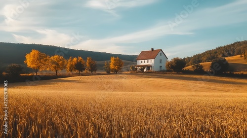 A rustic farmhouse surrounded by fields