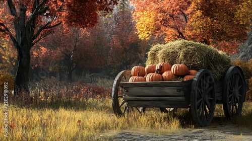 A rustic wagon filled with hay and pumpkins with autumn trees