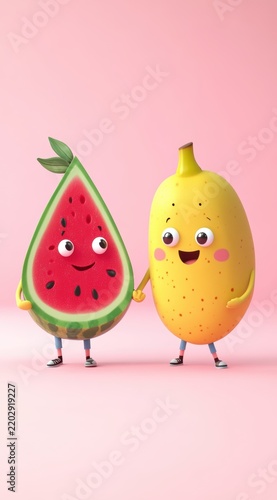 Cute cartoon watermelon banana fruit characters


