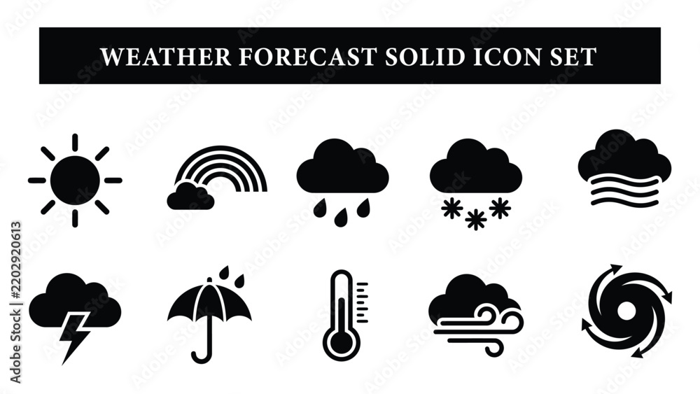 Obraz premium Weather forecast solid icon set featuring sun, rainbow, rainy cloud, snowy cloud, foggy cloud, thunderstorm, umbrella, thermometer, windy weather, and hurricane vector graphics.
