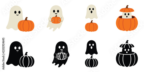 Spooky Ghosts With Pumpkins Halloween Symbol Set