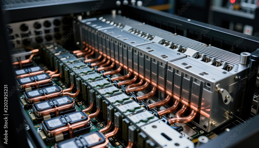 Fototapeta premium Electric battery system copper wire metal module cooling plate circuit board energy storage industrial machine technology interior close up high detail