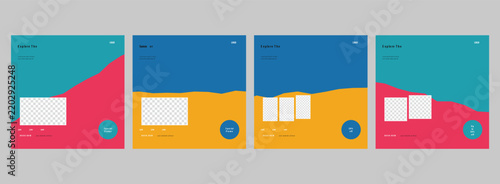 Modern minimal social media poster design templates with creative wavy geometric layout shapes and photo placeholders