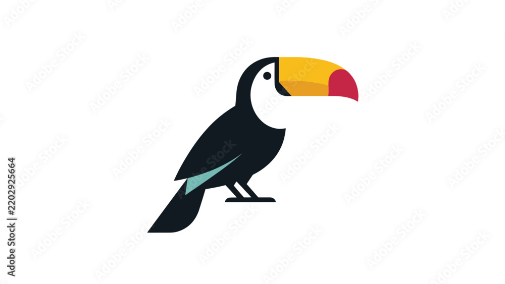 Obraz premium Colorful toucan bird illustration featuring minimalist geometric shapes and bold vector lines on light white background