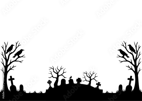 Fotografie Spooky graveyard scene with silhouetted trees and crows at dusk