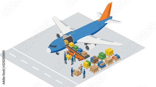 Commercial airplane cargo loading operations on an airport tarmac with workers handling packages and palletized freight.