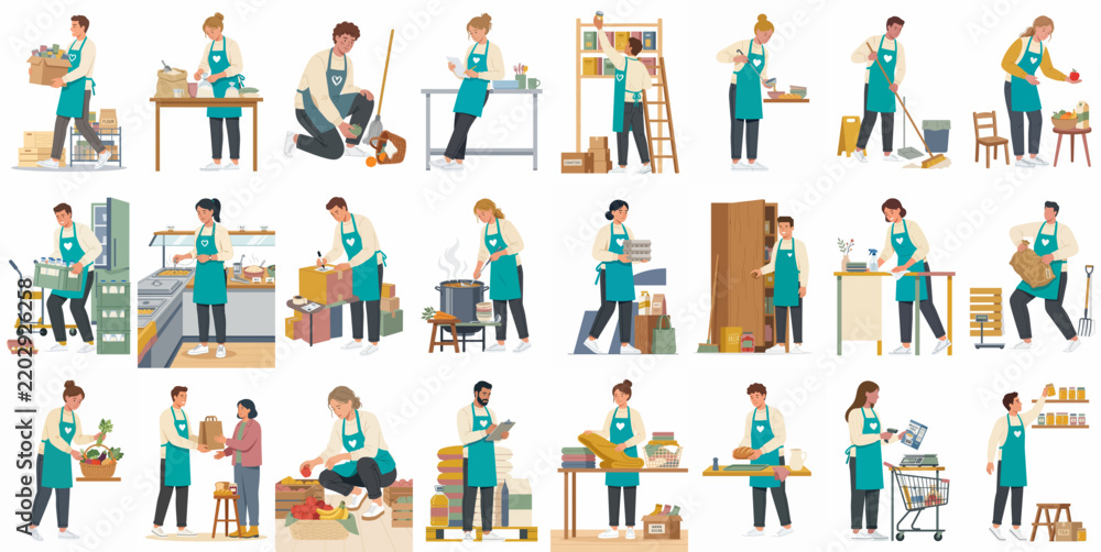 Fototapeta premium Diverse set of supermarket and retail employees in teal aprons performing tasks like stocking shelves, cleaning, food service, and inventory management.