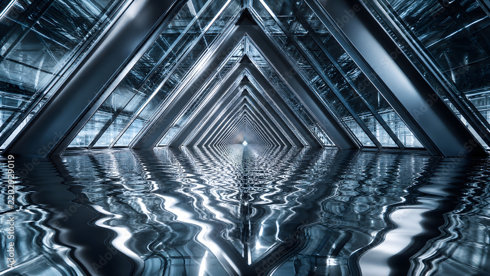 Obraz premium futuristic triangular metal tunnel with liquid chrome water reflection and sci-fi neon lighting 3d render