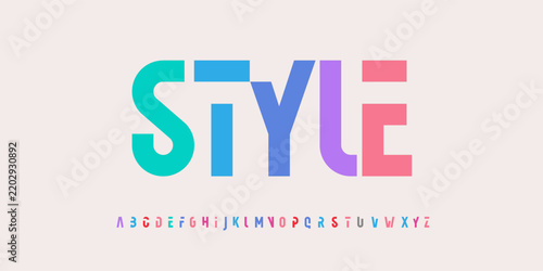 Style creative alphabet, rainbow colors, modern geometric font. Bright colorful type for futuristic or kid logo, headline, lettering and typography. Trendy style letters, vector typographic design. 