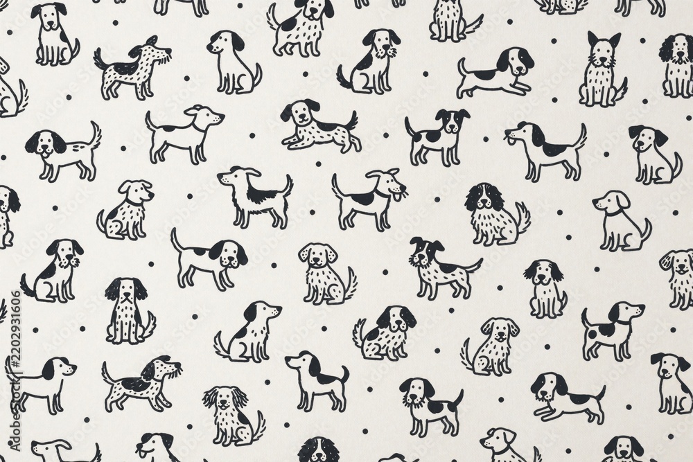 Fototapeta premium Seamless pattern with cute black, white dog illustrations on white background. Hand drawn puppy sketches create repetitive textile design. Various canine breeds repeat across canvas for wallpaper,