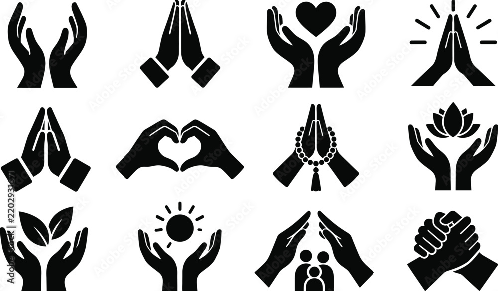 Fototapeta premium Caring Hands Charity Prayer Love Silhouette Icons 