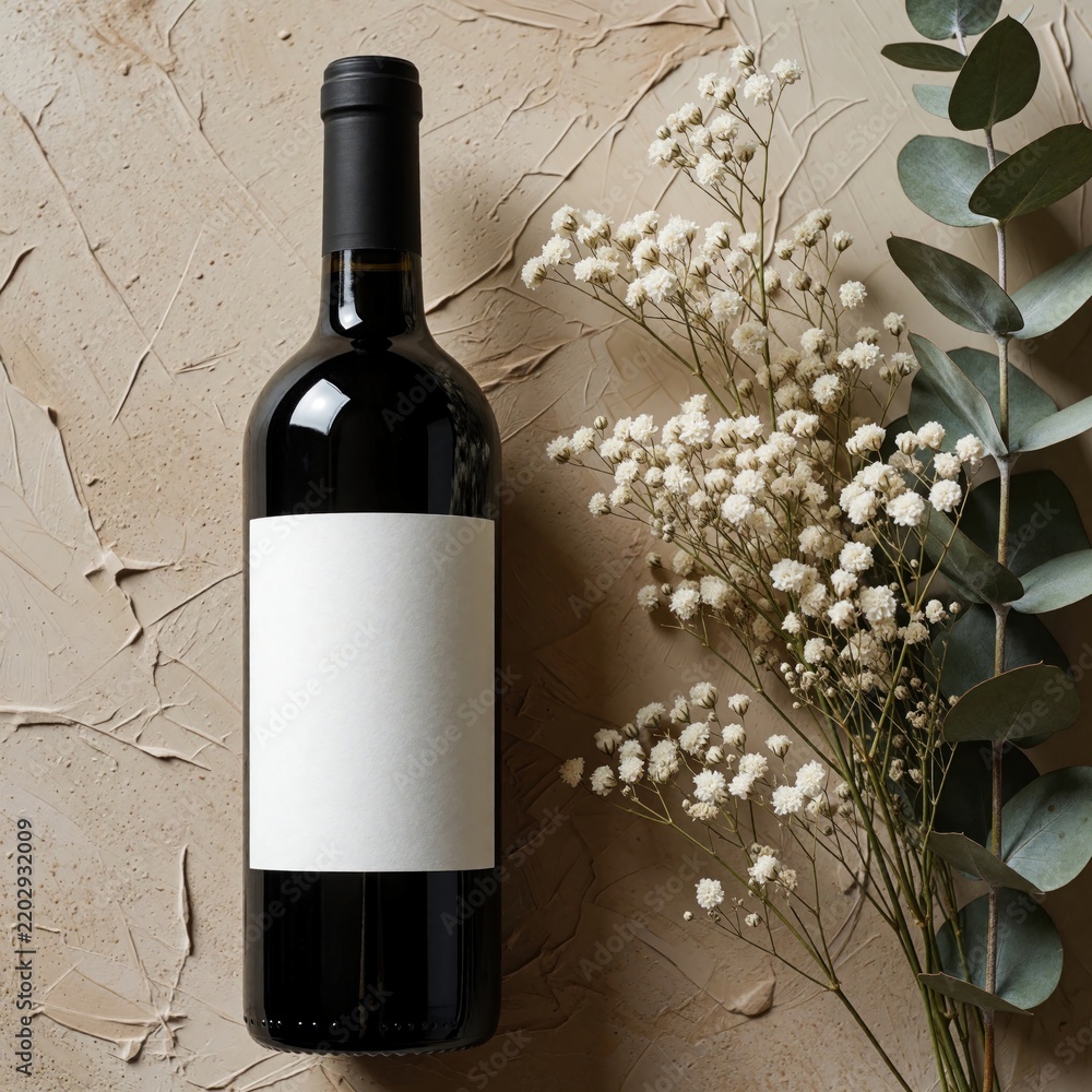 Obraz premium Bottle of red wine with blank label sits on earthy surface. Dried flowers and eucalyptus leaves create a boho aesthetic. Perfect for branding or product display.