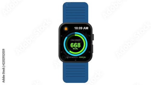 Digital smart watch displaying fitness tracking data, including calories burned