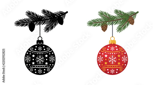 Christmas ornaments with pine branch are illustrated in a vector style