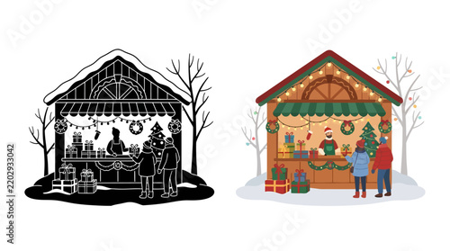 Festive market stall with people and gifts vector illustration