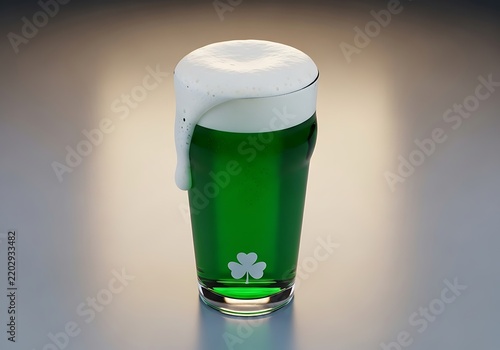 Green pint of beer with shamrock in glass