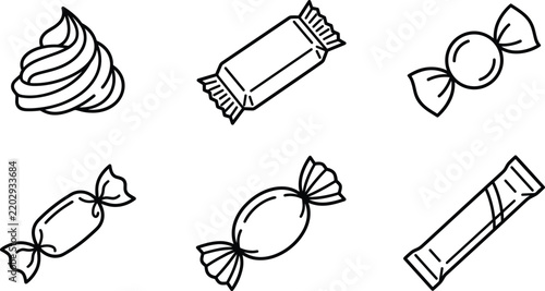 Sweet candy icon set with wrapped chocolate bar swirl cream lollipop dessert treats vector line art