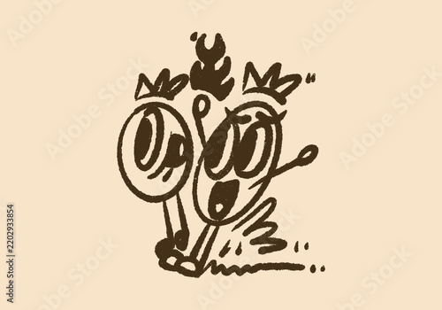 Two funny oval characters running together in a hurry with wide open eyes in retro hand drawn line art style