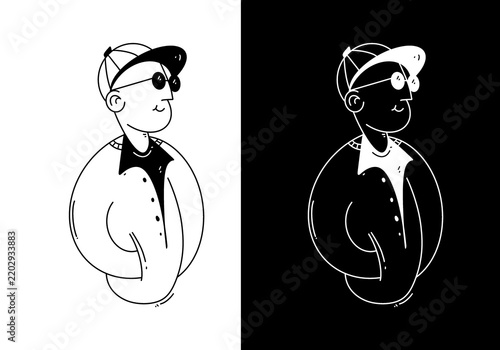 Cool young man portrait in baseball cap and sunglasses standing confidently presented in black and white dual version illustration
