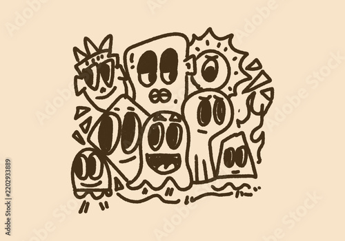 Cute monster gang doodle illustration with diverse funny faces and expressive big eyes in retro hand drawn line art style