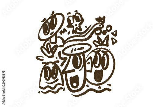 Abstract doodle composition featuring quirky monster characters with expressive big eyes in a vintage hand drawn style