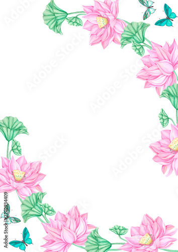 Hand drawn watercolor lotus flowers, oriental fan and butterflies frame border, isolated on white background. Can be used for card, invitation, tropical spa design and other printed products