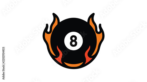 Flaming eight ball vector graphic illustration featuring bright orange fire and bold black outlines