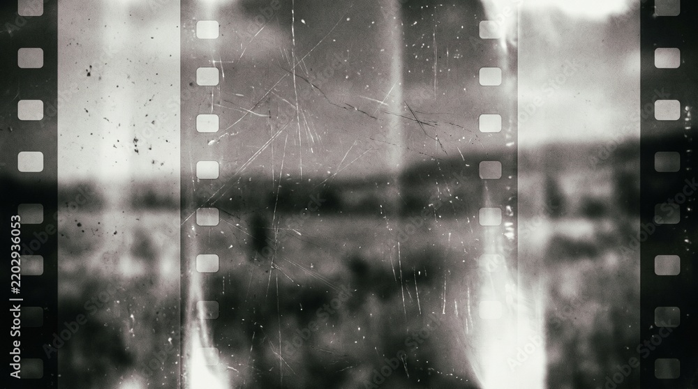 Obraz premium Old film texture with scratches, noise and light leaks. Realistic transparent overlay film texture in black-white, dust and grain. Distressed retro movie or photo negative effect of cinema nostalgia