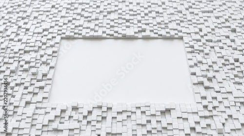 White 3D Cube Tile Pattern Frame Background with Rectangular Center Copy Space Nanotechnology Concept