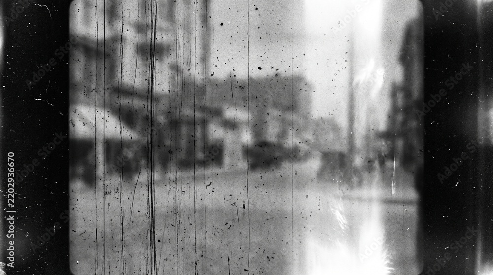 Obraz premium Old film texture with scratches, noise and light leaks. Realistic transparent overlay film texture in black-white, dust and grain. Distressed retro movie or photo negative effect of cinema nostalgia