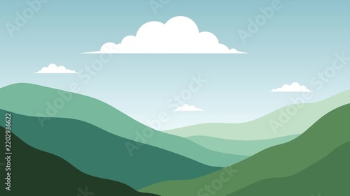 Horizontal Motion Graphic of Green Rolling Hills and Floating Clouds Loop