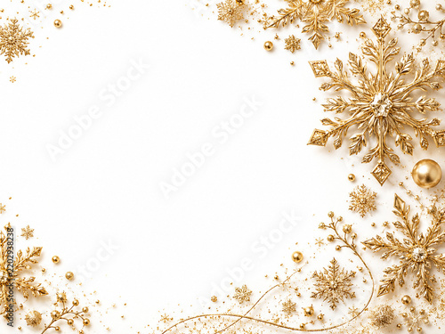 Elegant golden snowflake holiday background on a clean white backdrop with decorative winter elements and generous copy space. Suitable for Christmas, New Year, festive promotions, greeting cards, adv